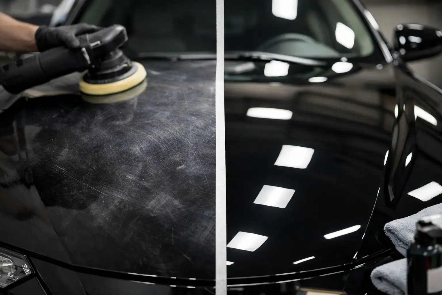 Paint correction before and after — swirl marks removed under shop lighting